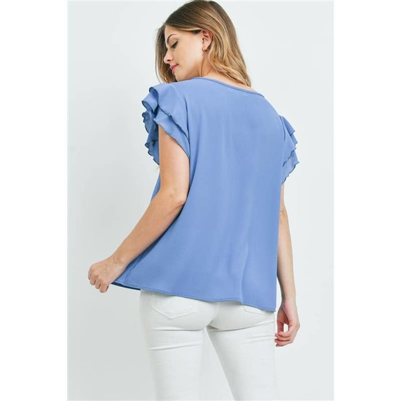 Blue Ruffle Short Sleeve Blouse - Picture 3 of 4